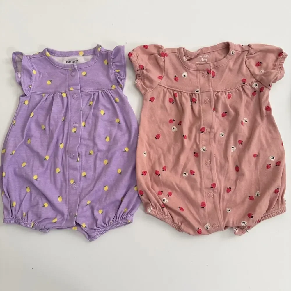 3x Carter’s Little Me romper ruffle puff short sleeve pink purple black